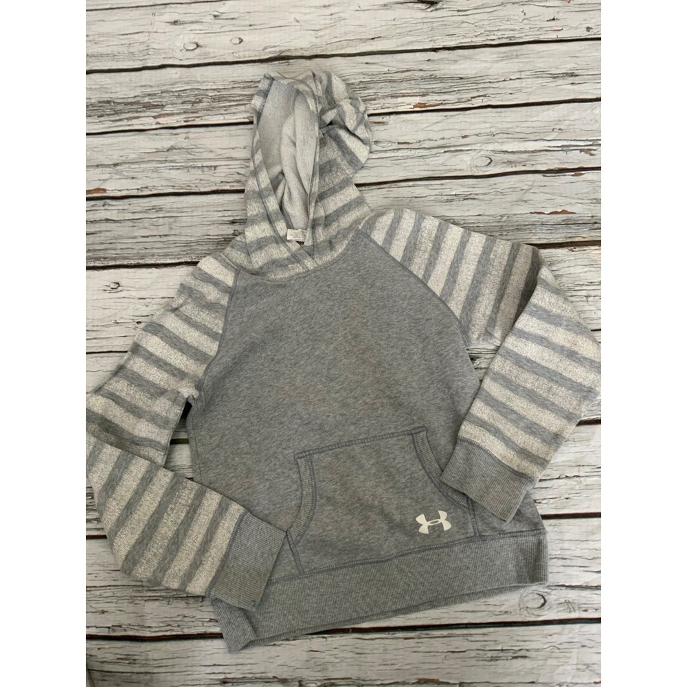 Under Armour Youth Medium Grey Striped Raglan Fleece Hoodie Sweatshirt Logo